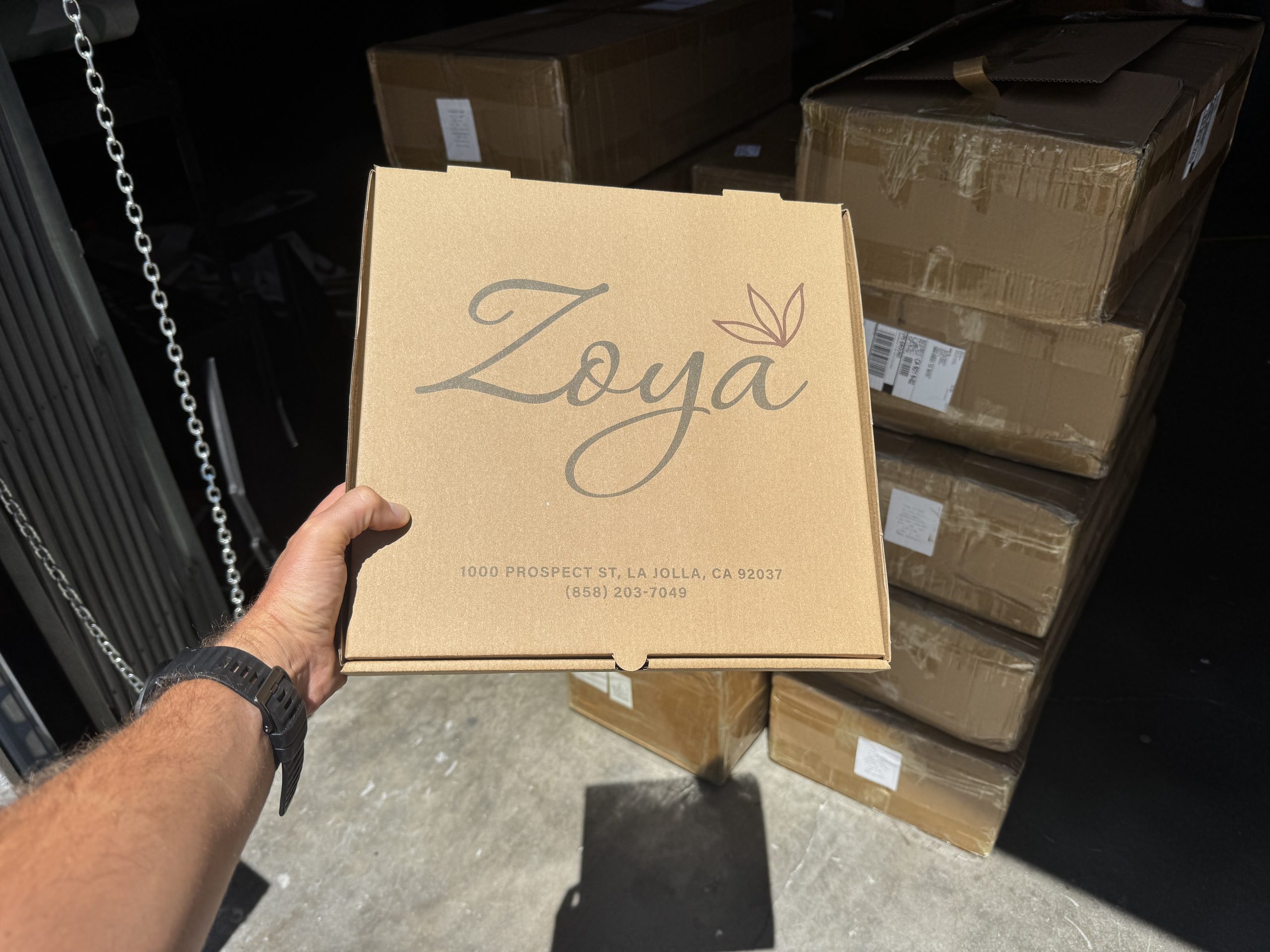 Custom printed 12 inch branded pizza box for Zoya La Jolla restaurant